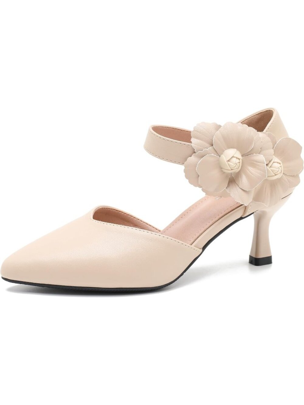 〽️Women Nude Flower Heel Matte Pointed Toe Bow Ankle Strap Synthetic ShoesSuperi